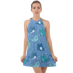 Cute Narwhal Pattern Halter Tie Back Chiffon Dress