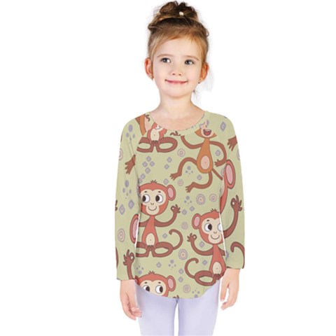 Cute Cartoon Monkeys Pattern Kids  Long Sleeve Tee by Bigfootshirtshop