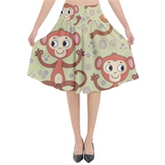 Cute Cartoon Monkeys Pattern Flared Midi Skirt