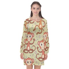 Cute Cartoon Monkeys Pattern Long Sleeve Chiffon Shift Dress  by Bigfootshirtshop