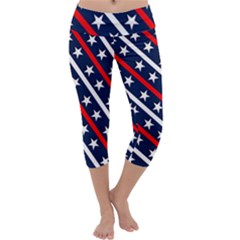 Patriotic Red White Blue Stars Capri Yoga Leggings by Celenk