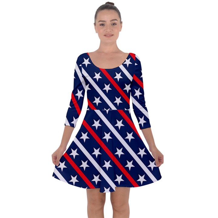 Patriotic Red White Blue Stars Quarter Sleeve Skater Dress