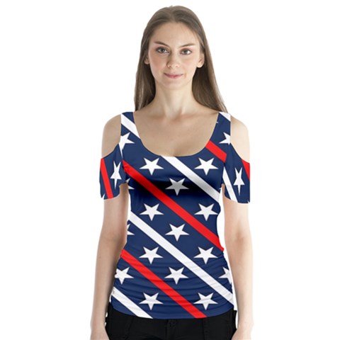 Patriotic Red White Blue Stars Butterfly Sleeve Cutout Tee  by Celenk