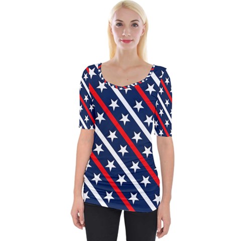 Patriotic Red White Blue Stars Wide Neckline Tee by Celenk