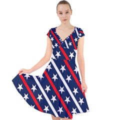 Patriotic Red White Blue Stars Cap Sleeve Front Wrap Midi Dress