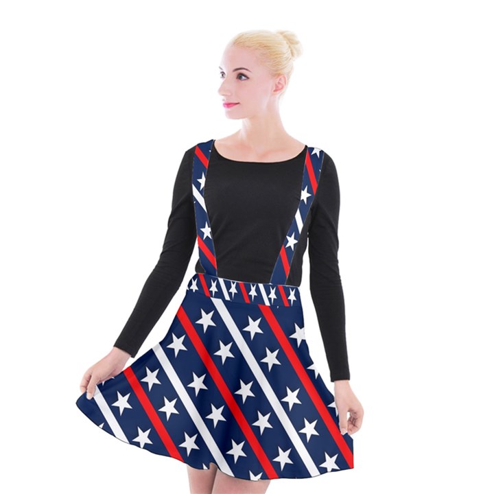 Patriotic Red White Blue Stars Suspender Skater Skirt