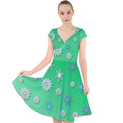 Snowflakes Winter Christmas Overlay Cap Sleeve Front Wrap Midi Dress