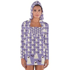 Bat And Ghost Halloween Lilac Paper Pattern Long Sleeve Hooded T-shirt by Celenk