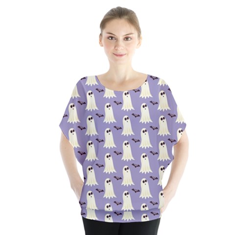 Bat And Ghost Halloween Lilac Paper Pattern Blouse by Celenk