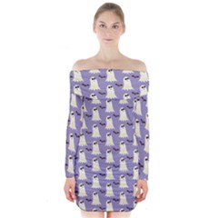 Bat And Ghost Halloween Lilac Paper Pattern Long Sleeve Off Shoulder Dress by Celenk