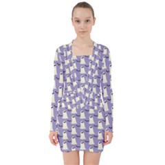 Bat And Ghost Halloween Lilac Paper Pattern V-neck Bodycon Long Sleeve Dress