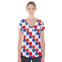 Geometric Design Red White Blue Short Sleeve Front Detail Top by Celenk