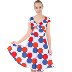 Geometric Design Red White Blue Cap Sleeve Front Wrap Midi Dress