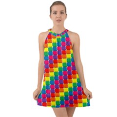 Rainbow 3d Cubes Red Orange Halter Tie Back Chiffon Dress