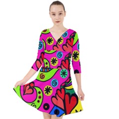 Seamless Tile Background Abstract Quarter Sleeve Front Wrap Dress	