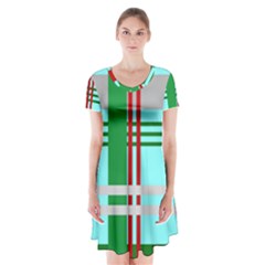 Christmas Plaid Backgrounds Plaid Short Sleeve V-neck Flare Dress by Celenk