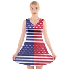 American Flag Patriot Red White V-neck Sleeveless Skater Dress