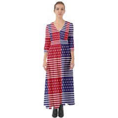 American Flag Patriot Red White Button Up Boho Maxi Dress