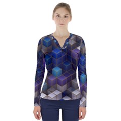 Cube Cubic Design 3d Shape Square V-neck Long Sleeve Top