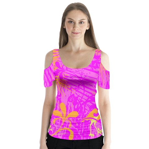 Spring Tropical Floral Palm Bird Butterfly Sleeve Cutout Tee  by Celenk