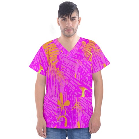 Spring Tropical Floral Palm Bird Men s V-neck Scrub Top by Celenk