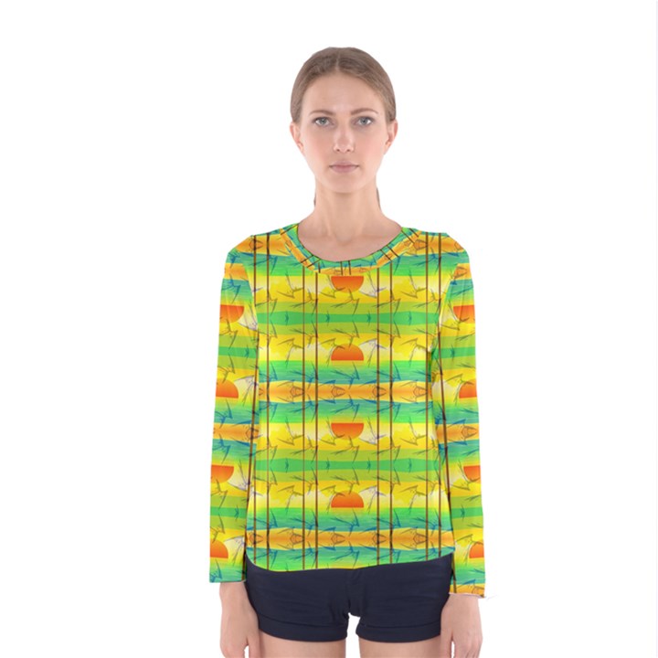 Birds Beach Sun Abstract Pattern Women s Long Sleeve Tee