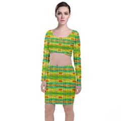 Birds Beach Sun Abstract Pattern Long Sleeve Crop Top & Bodycon Skirt Set