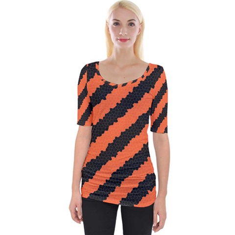 Black Orange Pattern Wide Neckline Tee by Celenk