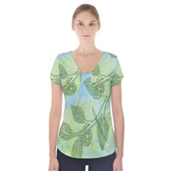 Green Leaves Background Scrapbook Short Sleeve Front Detail Top by Celenk