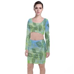 Green Leaves Background Scrapbook Long Sleeve Crop Top & Bodycon Skirt Set by Celenk