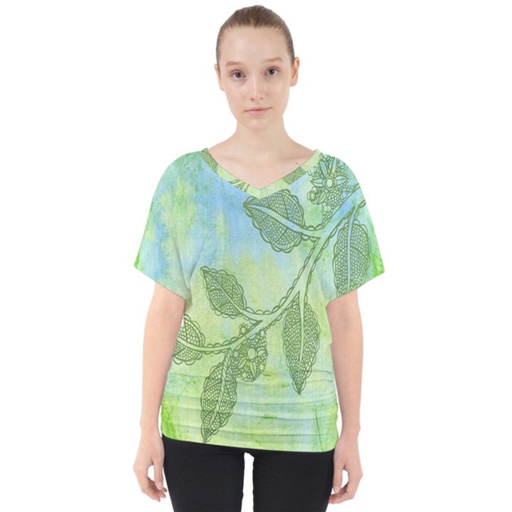 Green Leaves Background Scrapbook V-Neck Dolman Drape Top