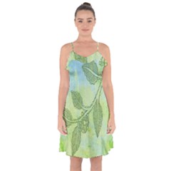 Green Leaves Background Scrapbook Ruffle Detail Chiffon Dress