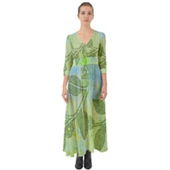 Green Leaves Background Scrapbook Button Up Boho Maxi Dress