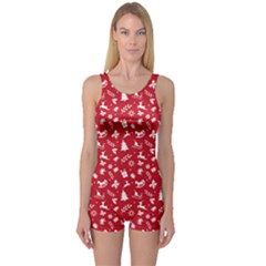 Red Christmas Pattern One Piece Boyleg Swimsuit by patternstudio