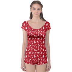 Red Christmas Pattern Boyleg Leotard 