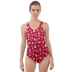 Red Christmas Pattern Cut-out Back One Piece Swimsuit by patternstudio