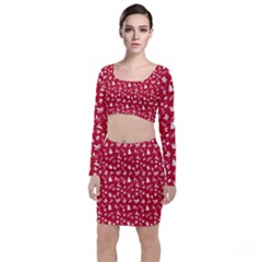 Red Christmas Pattern Long Sleeve Crop Top & Bodycon Skirt Set