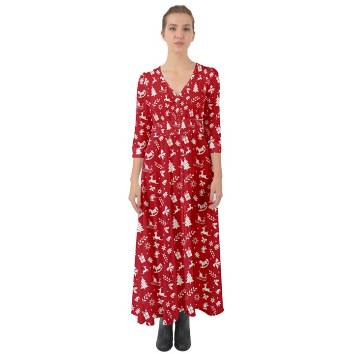 Red Christmas Pattern Button Up Boho Maxi Dress