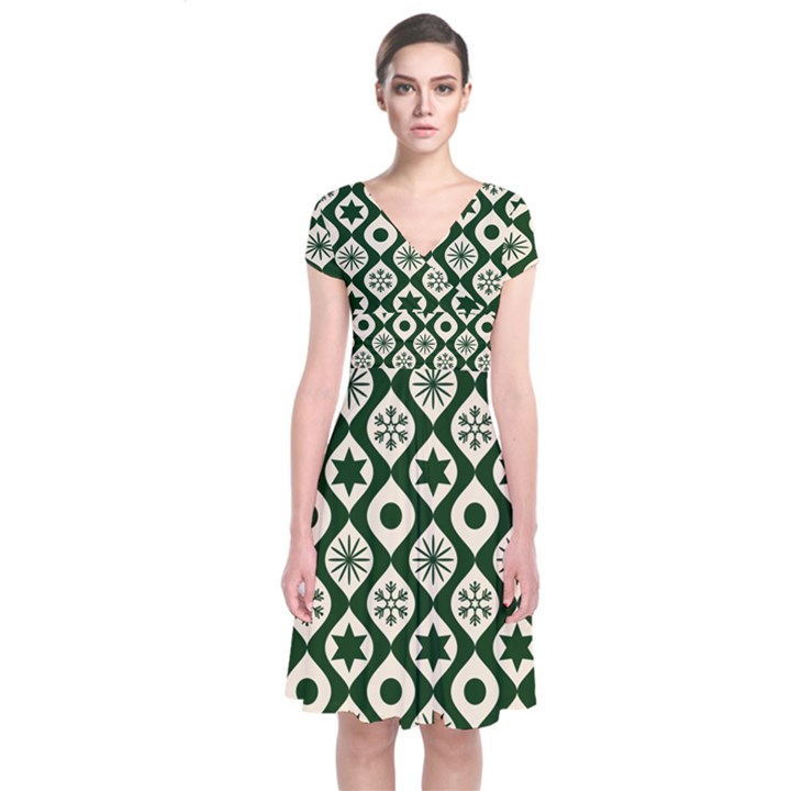 Green Ornate Christmas Pattern Short Sleeve Front Wrap Dress