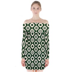 Green Ornate Christmas Pattern Long Sleeve Off Shoulder Dress by patternstudio