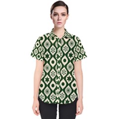 Green Ornate Christmas Pattern Women s Short Sleeve Shirt