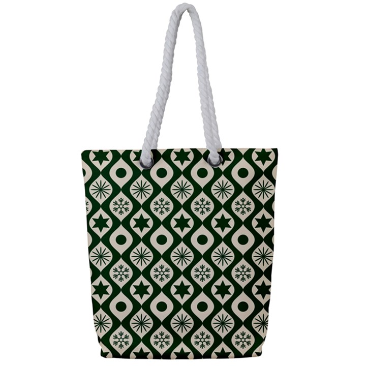 Green Ornate Christmas Pattern Full Print Rope Handle Tote (Small)