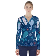 Cool Sea Life Pattern V-neck Long Sleeve Top