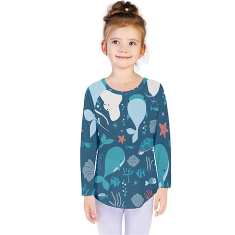 Cool Sea Life Pattern Kids  Long Sleeve Tee by Bigfootshirtshop