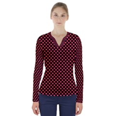 Sexy Red And Black Polka Dot V-neck Long Sleeve Top