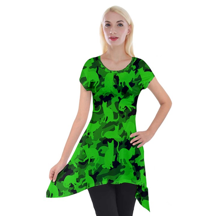 Bright Neon Green Catmouflage Short Sleeve Side Drop Tunic