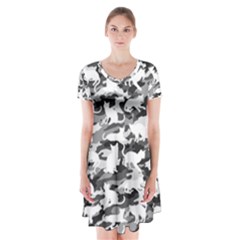 Black And White Catmouflage Camouflage Short Sleeve V-neck Flare Dress by PodArtist