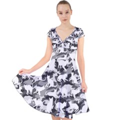 Black And White Catmouflage Camouflage Cap Sleeve Front Wrap Midi Dress by PodArtist