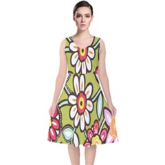 Flowers Fabrics Floral Design V-neck Midi Sleeveless Dress 