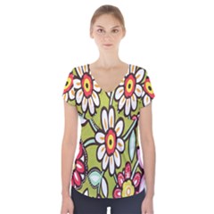 Flowers Fabrics Floral Design Short Sleeve Front Detail Top